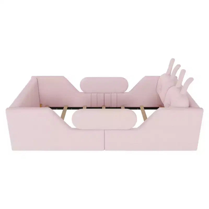 Lit Plateforme Double, Lit Enfant Rembourré au Sol avec Coussin Lapin, Barrières Latérales Amovibles