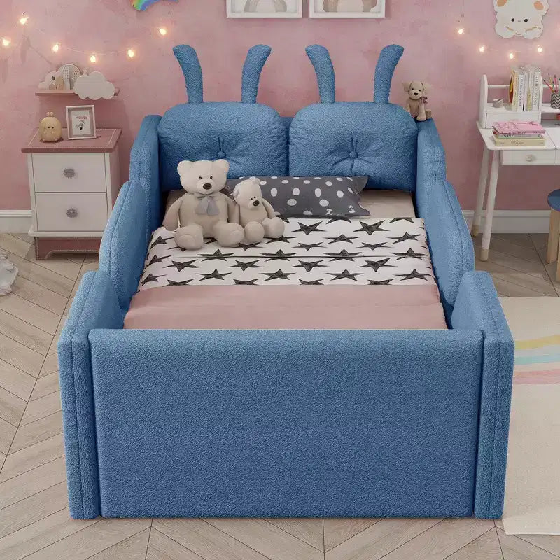 Lit Plateforme Double, Lit Enfant Rembourré au Sol avec Coussin Lapin, Barrières Latérales Amovibles