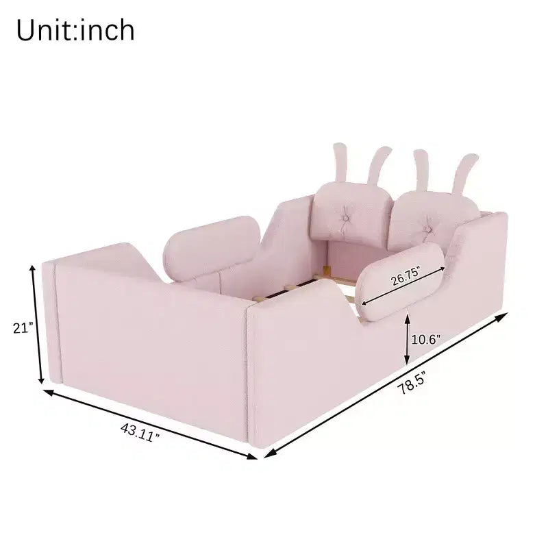 Lit Plateforme Double, Lit Enfant Rembourré au Sol avec Coussin Lapin, Barrières Latérales Amovibles