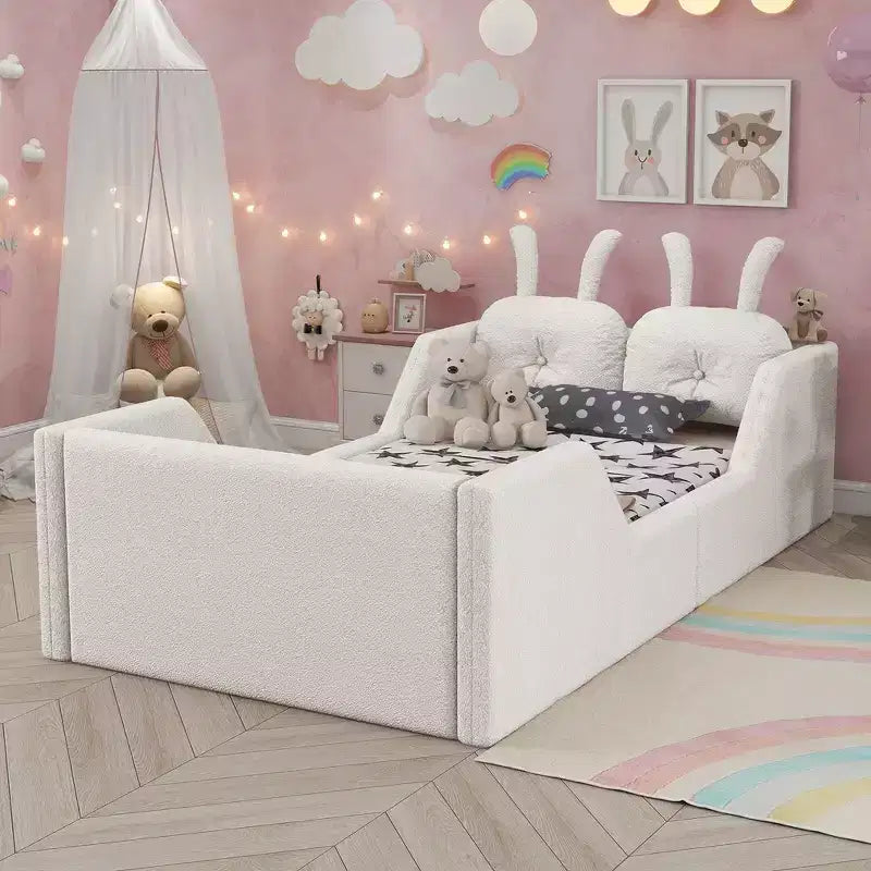 Lit Plateforme Double, Lit Enfant Rembourré au Sol avec Coussin Lapin, Barrières Latérales Amovibles