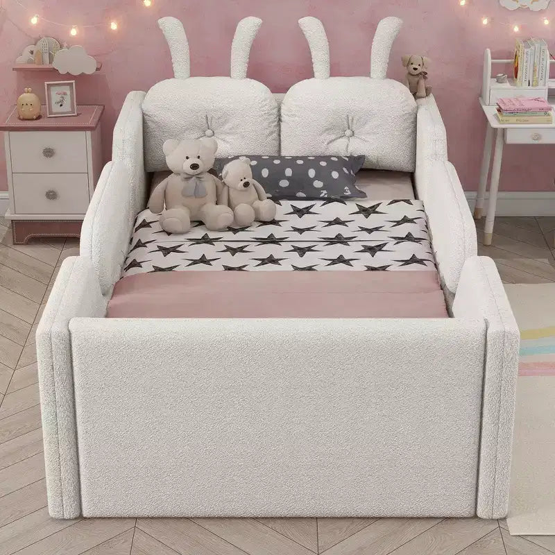 Lit Plateforme Double, Lit Enfant Rembourré au Sol avec Coussin Lapin, Barrières Latérales Amovibles