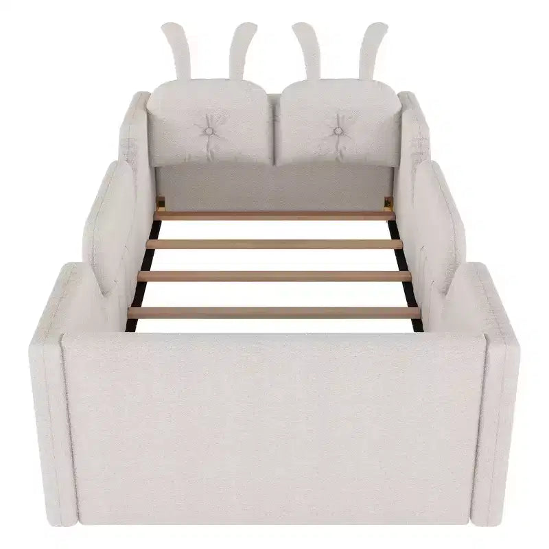 Lit Plateforme Double, Lit Enfant Rembourré au Sol avec Coussin Lapin, Barrières Latérales Amovibles