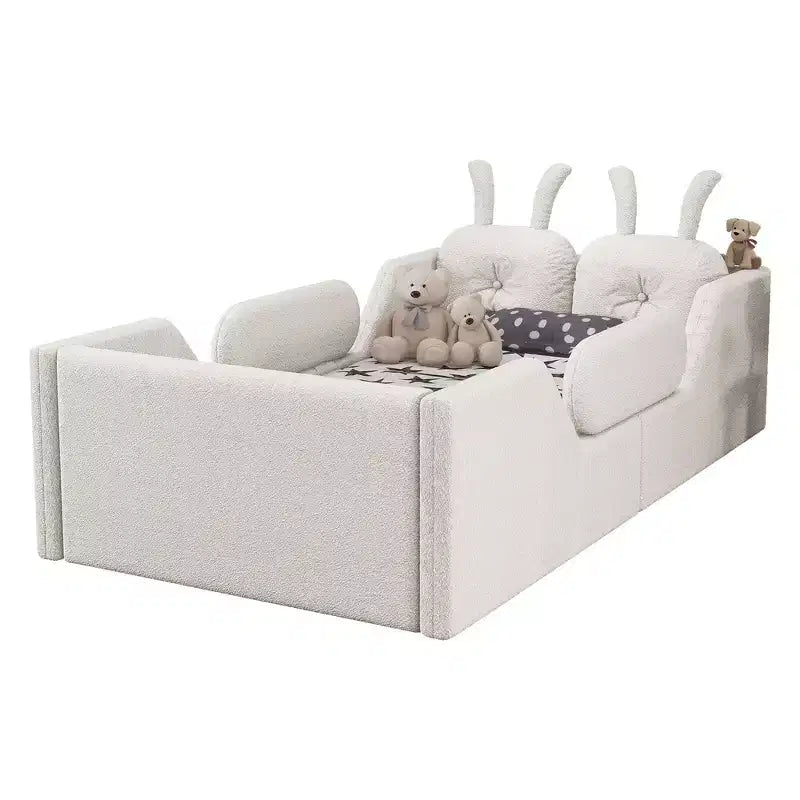 Lit Plateforme Double, Lit Enfant Rembourré au Sol avec Coussin Lapin, Barrières Latérales Amovibles