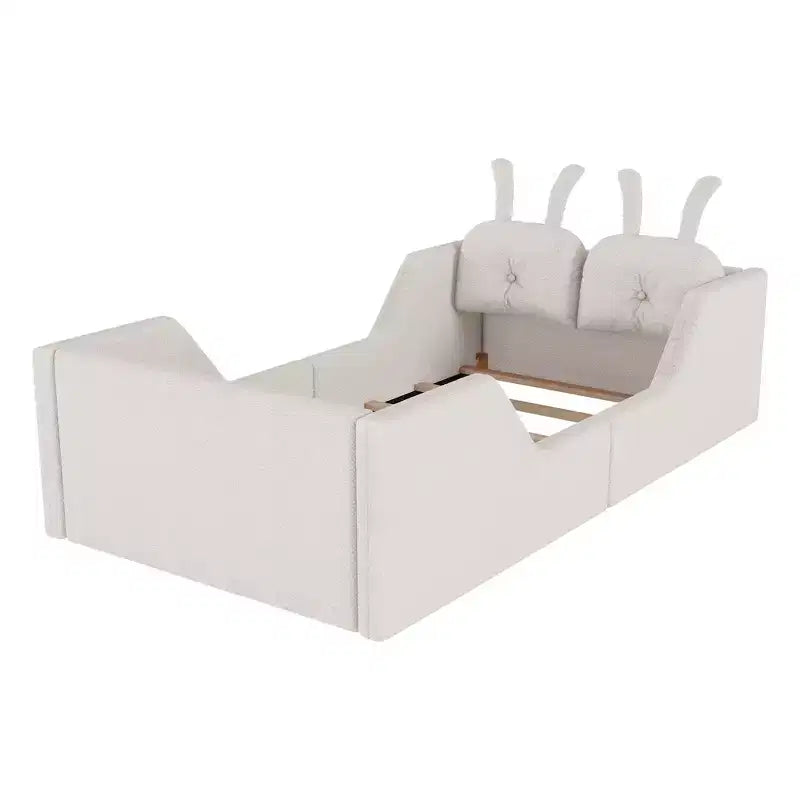 Lit Plateforme Double, Lit Enfant Rembourré au Sol avec Coussin Lapin, Barrières Latérales Amovibles