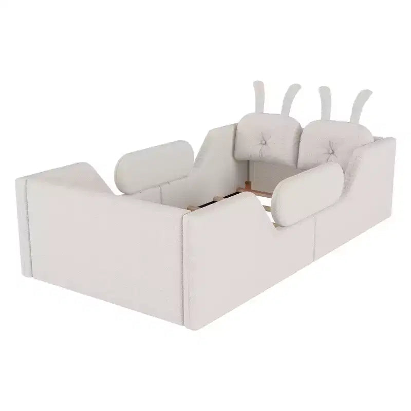 Lit Plateforme Double, Lit Enfant Rembourré au Sol avec Coussin Lapin, Barrières Latérales Amovibles
