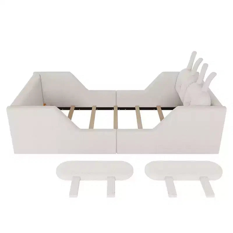 Lit Plateforme Double, Lit Enfant Rembourré au Sol avec Coussin Lapin, Barrières Latérales Amovibles