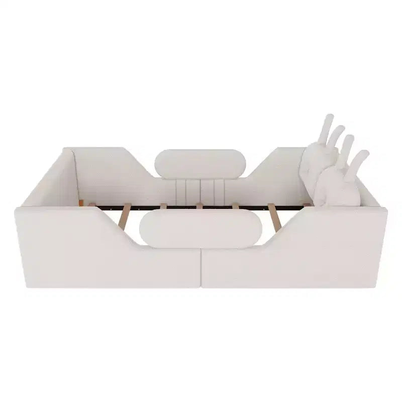 Lit Plateforme Double, Lit Enfant Rembourré au Sol avec Coussin Lapin, Barrières Latérales Amovibles