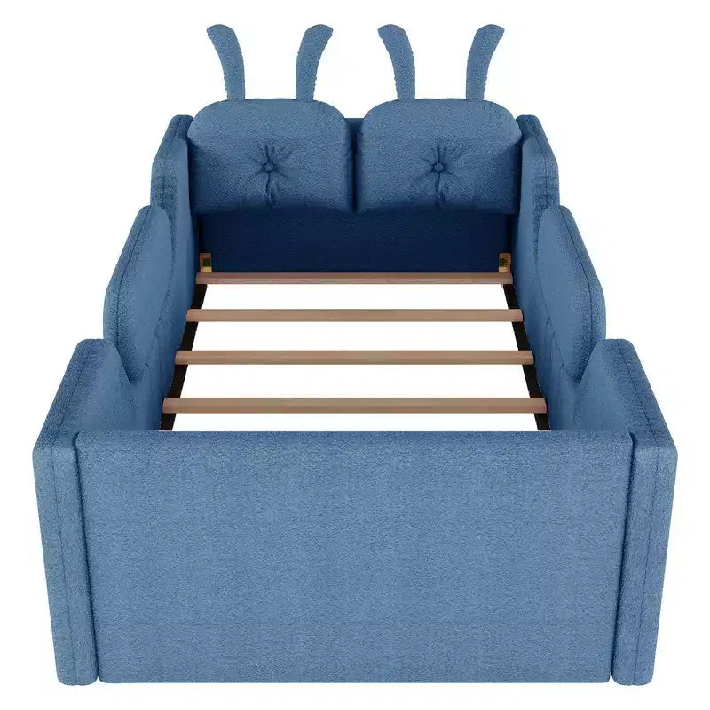 Lit Plateforme Double, Lit Enfant Rembourré au Sol avec Coussin Lapin, Barrières Latérales Amovibles