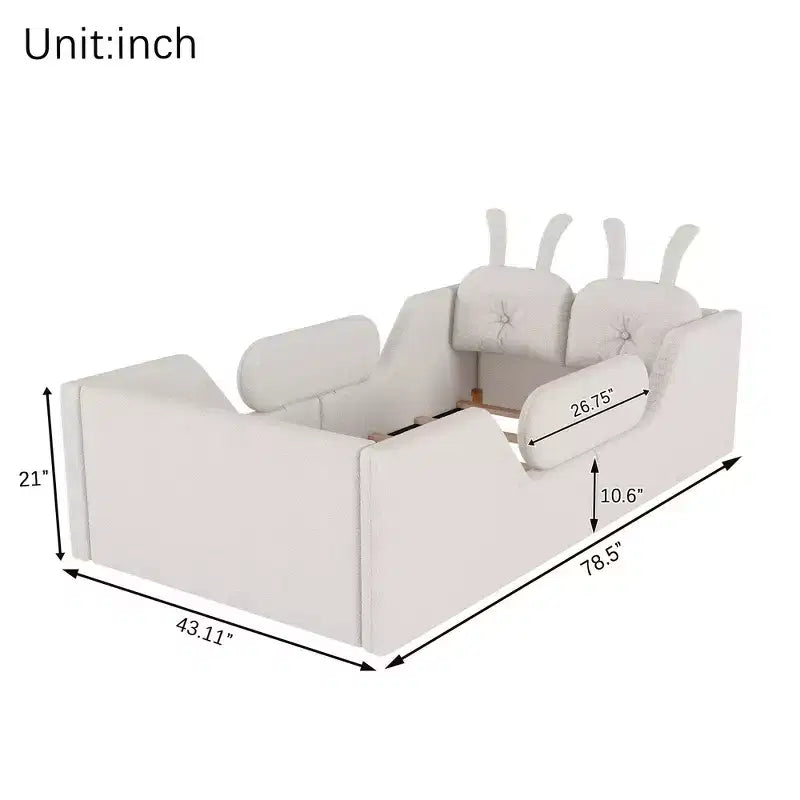 Lit Plateforme Double, Lit Enfant Rembourré au Sol avec Coussin Lapin, Barrières Latérales Amovibles