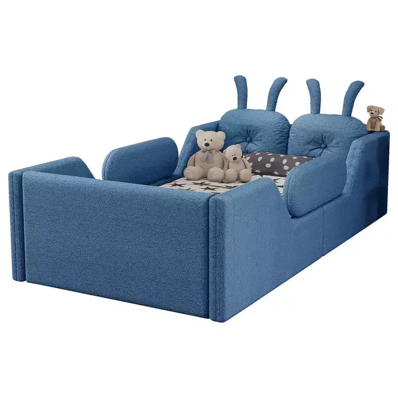 Lit Plateforme Double, Lit Enfant Rembourré au Sol avec Coussin Lapin, Barrières Latérales Amovibles