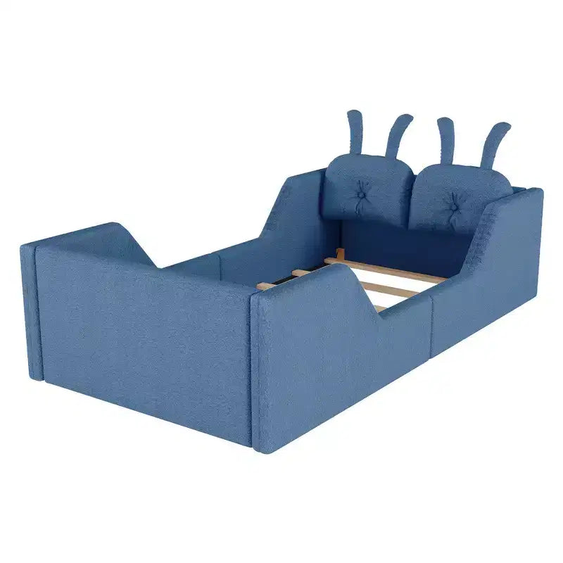 Lit Plateforme Double, Lit Enfant Rembourré au Sol avec Coussin Lapin, Barrières Latérales Amovibles
