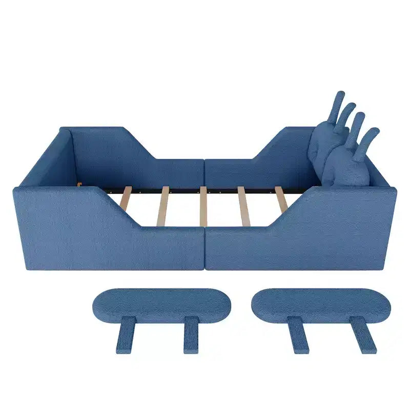 Lit Plateforme Double, Lit Enfant Rembourré au Sol avec Coussin Lapin, Barrières Latérales Amovibles