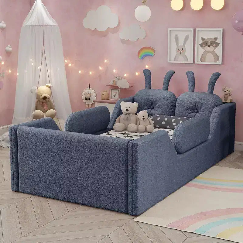 Lit Plateforme Double, Lit Enfant Rembourré au Sol avec Coussin Lapin, Barrières Latérales Amovibles