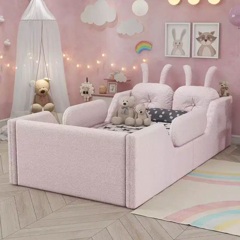 Lit Plateforme Double, Lit Enfant Rembourré au Sol avec Coussin Lapin, Barrières Latérales Amovibles