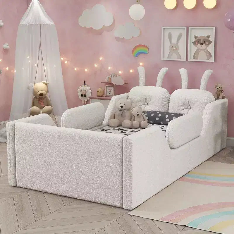 Lit Plateforme Double, Lit Enfant Rembourré au Sol avec Coussin Lapin, Barrières Latérales Amovibles