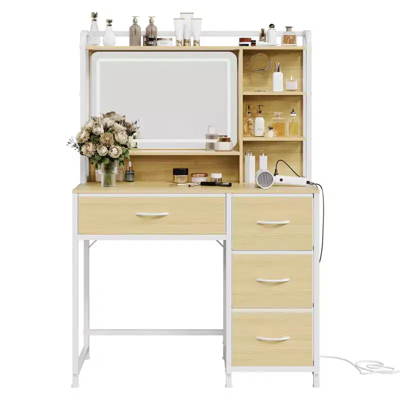 Coiffeuse avec miroir et lumières, table de maquillage de 90 cm avec 4 tiroirs en tissu et étagères de rangement, lumières LED réglables, coiffeuse pour chambre à coucher