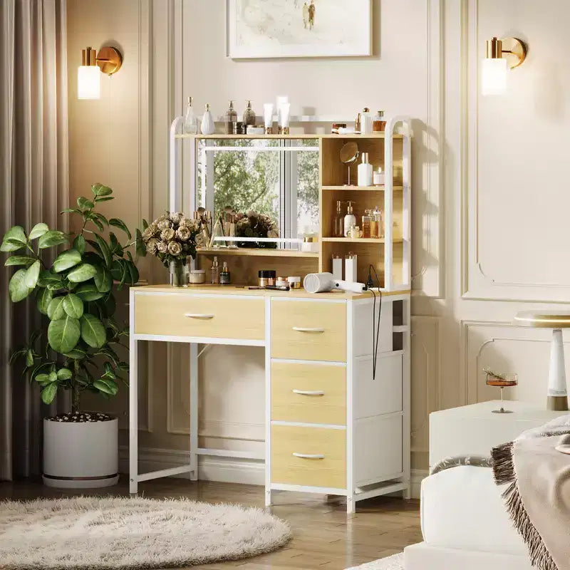 Coiffeuse avec miroir et lumières, table de maquillage de 90 cm avec 4 tiroirs en tissu et étagères de rangement, lumières LED réglables, coiffeuse pour chambre à coucher