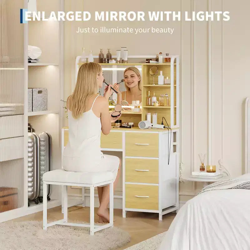 Coiffeuse avec miroir et lumières, table de maquillage de 90 cm avec 4 tiroirs en tissu et étagères de rangement, lumières LED réglables, coiffeuse pour chambre à coucher
