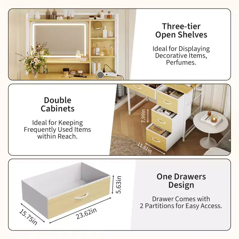 Coiffeuse avec miroir et lumières, table de maquillage de 90 cm avec 4 tiroirs en tissu et étagères de rangement, lumières LED réglables, coiffeuse pour chambre à coucher