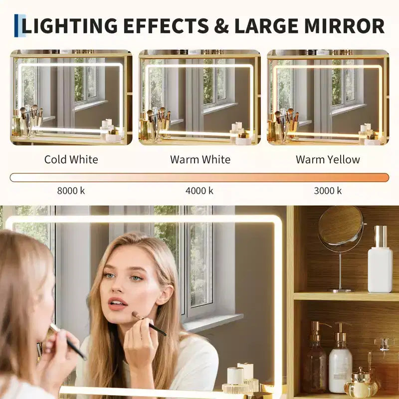 Coiffeuse avec miroir et lumières, table de maquillage de 90 cm avec 4 tiroirs en tissu et étagères de rangement, lumières LED réglables, coiffeuse pour chambre à coucher