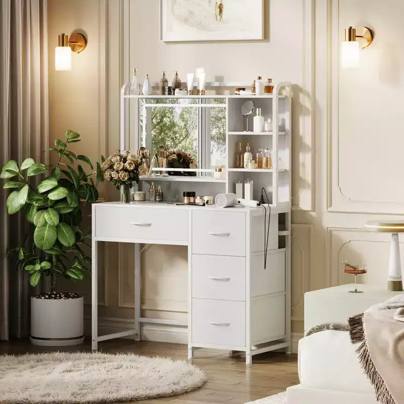 Coiffeuse avec miroir et lumières, table de maquillage de 90 cm avec 4 tiroirs en tissu et étagères de rangement, lumières LED réglables, coiffeuse pour chambre à coucher