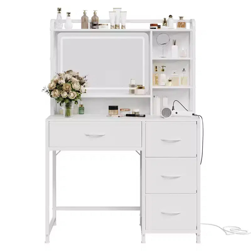Coiffeuse avec miroir et lumières, table de maquillage de 90 cm avec 4 tiroirs en tissu et étagères de rangement, lumières LED réglables, coiffeuse pour chambre à coucher