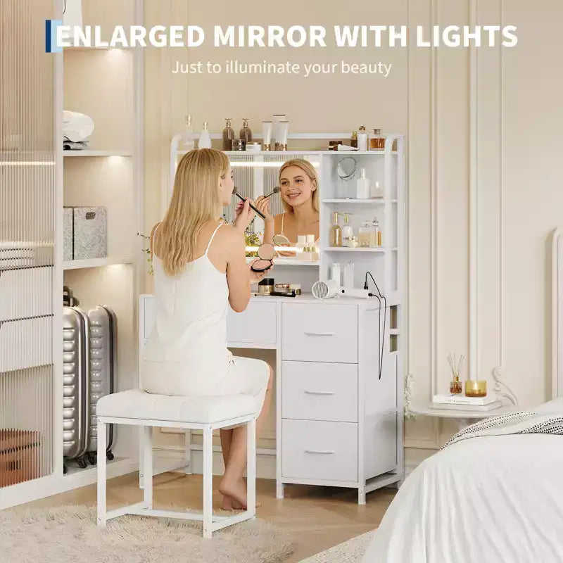 Coiffeuse avec miroir et lumières, table de maquillage de 90 cm avec 4 tiroirs en tissu et étagères de rangement, lumières LED réglables, coiffeuse pour chambre à coucher