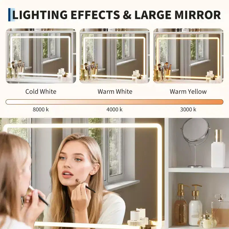 Coiffeuse avec miroir et lumières, table de maquillage de 90 cm avec 4 tiroirs en tissu et étagères de rangement, lumières LED réglables, coiffeuse pour chambre à coucher