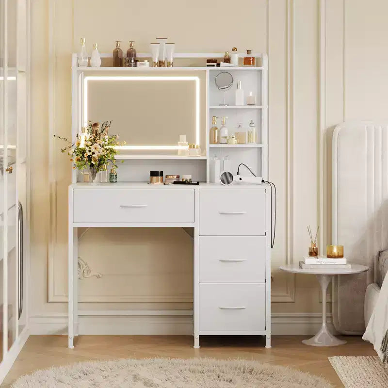 Vanity Desk with Mirror and Lights, 35.4 Makeup Vanity Table with 4 Fabric Drawers & Storage Shelves, Adjustable LED Lights,Vanity Table for Bedroom