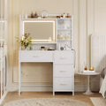 Vanity Desk with Mirror and Lights, 35.4 Makeup Vanity Table with 4 Fabric Drawers & Storage Shelves, Adjustable LED Lights,Vanity Table for Bedroom