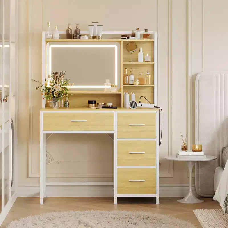 Coiffeuse avec miroir et lumières, table de maquillage de 90 cm avec 4 tiroirs en tissu et étagères de rangement, lumières LED réglables, coiffeuse pour chambre à coucher