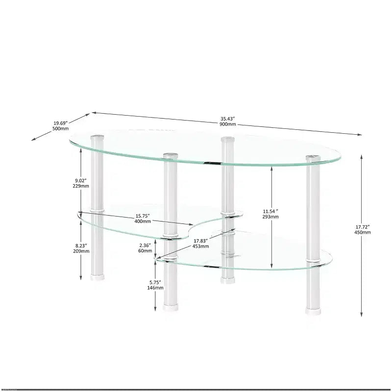 Table basse ovale à 3 niveaux en verre avec pieds en chêne, table de centre moderne en verre trempé pour salon