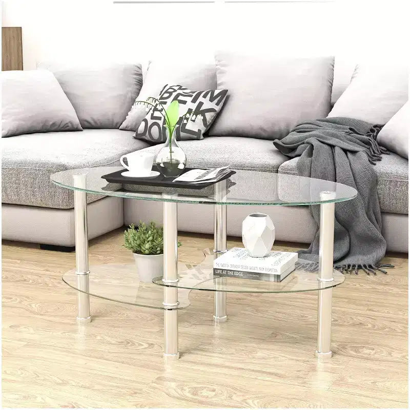 Table basse ovale à 3 niveaux en verre avec pieds en chêne, table de centre moderne en verre trempé pour salon