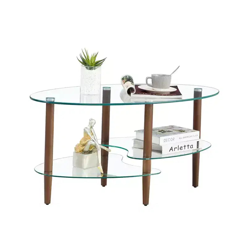 Table basse ovale à 3 niveaux en verre avec pieds en chêne, table de centre moderne en verre trempé pour salon