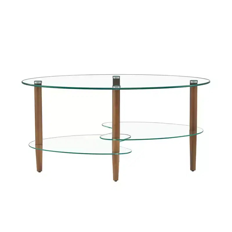 Table basse ovale à 3 niveaux en verre avec pieds en chêne, table de centre moderne en verre trempé pour salon