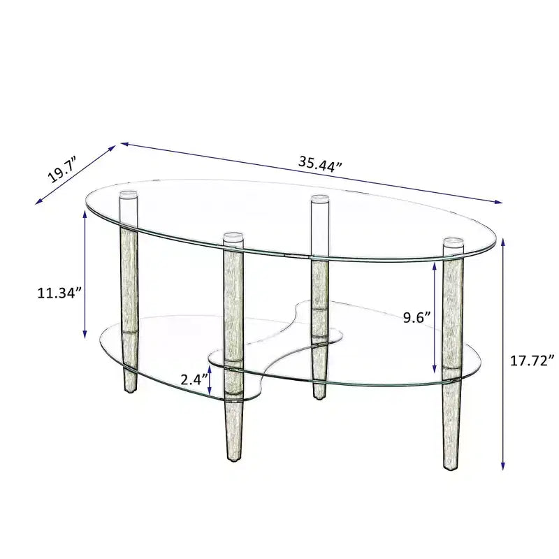 Table basse ovale à 3 niveaux en verre avec pieds en chêne, table de centre moderne en verre trempé pour salon