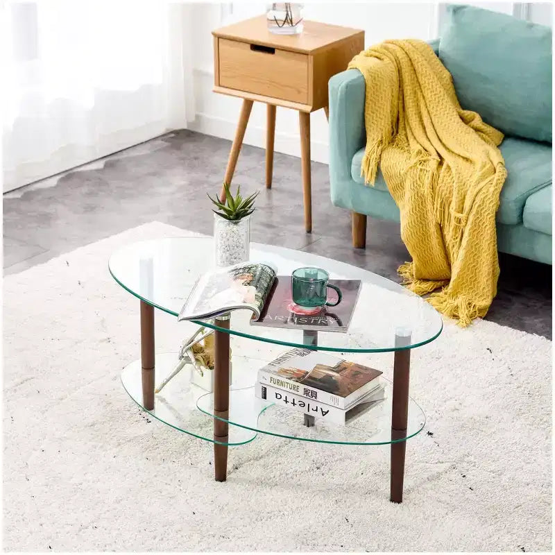 Table basse ovale à 3 niveaux en verre avec pieds en chêne, table de centre moderne en verre trempé pour salon