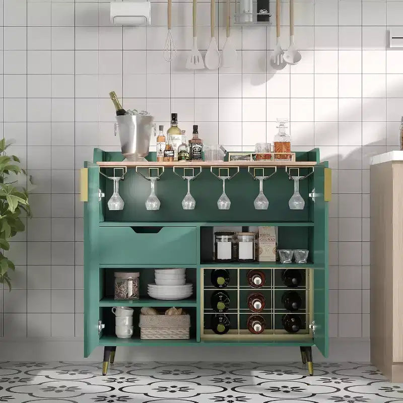 Meuble bar avec casiers à vin et buffet, vaisselier moderne avec texture cannelée et tiroirs de rangement pour cuisine, salle à manger