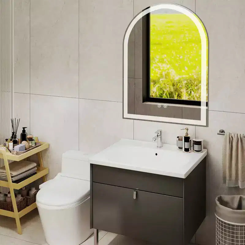 Miroir de salle de bain LED arqué 20x28 pouces avec chargement, anti-buée, intensité variable 3 couleurs et double éclairage à mémoire de forme