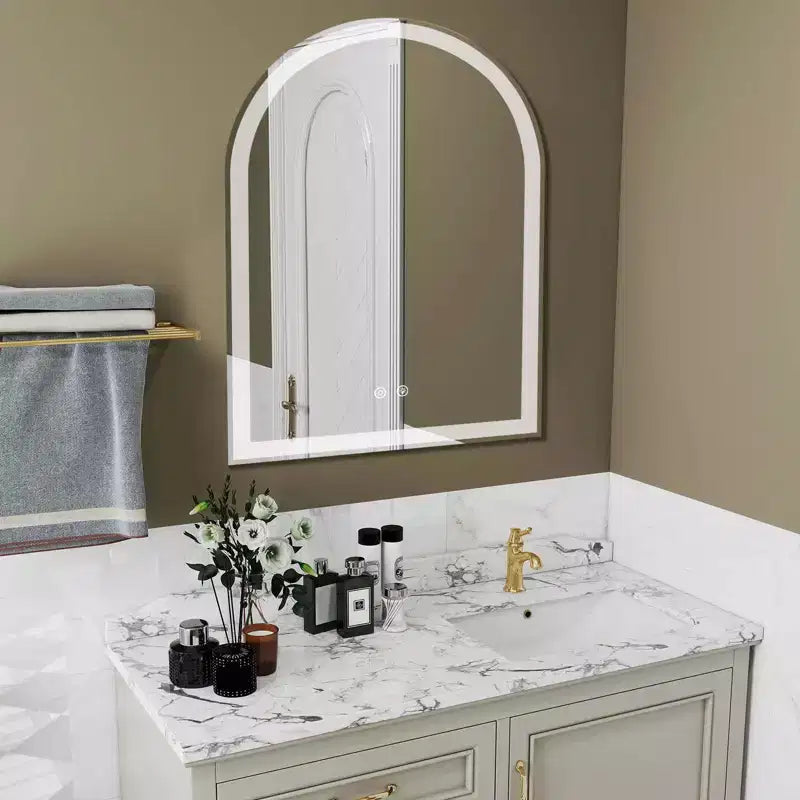 MAYEERTY 20x28 Inch Arched LED Bathroom Mirror with Charging, Anti-fog 3-Color Memory Dimming Dual Light