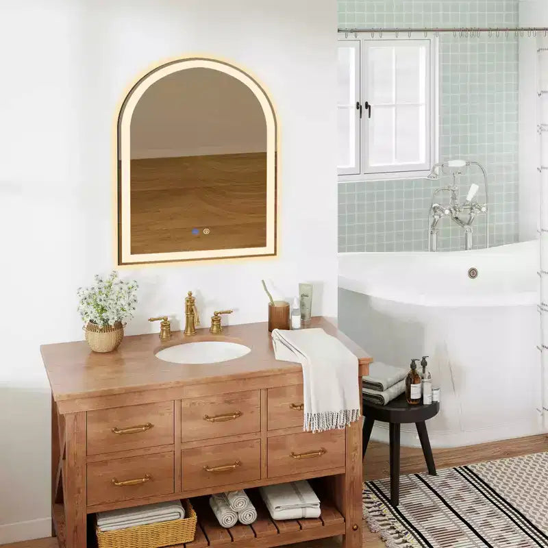 Miroir de salle de bain LED arqué 20x28 pouces avec chargement, anti-buée, intensité variable 3 couleurs et double éclairage à mémoire de forme