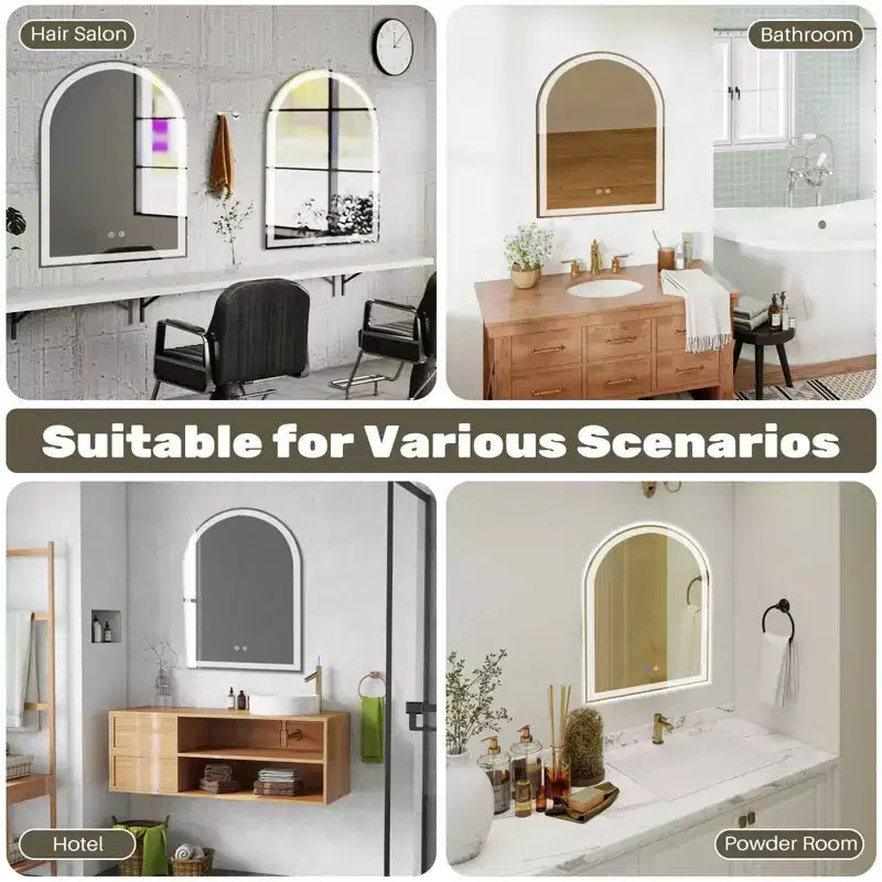 Miroir de salle de bain LED arqué 20x28 pouces avec chargement, anti-buée, intensité variable 3 couleurs et double éclairage à mémoire de forme