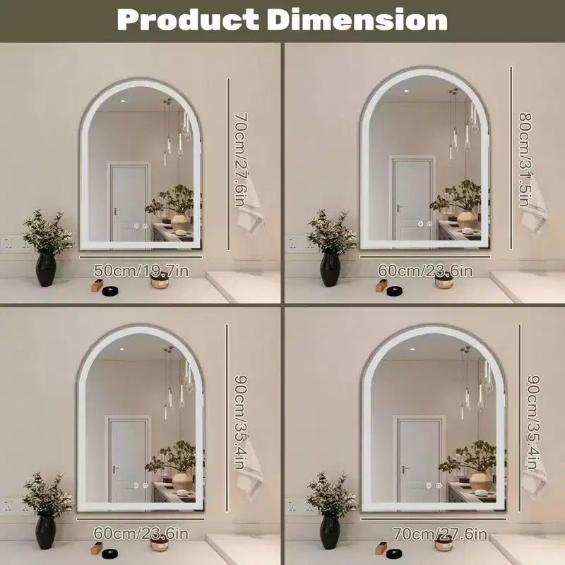 Miroir de salle de bain LED arqué 20x28 pouces avec chargement, anti-buée, intensité variable 3 couleurs et double éclairage à mémoire de forme