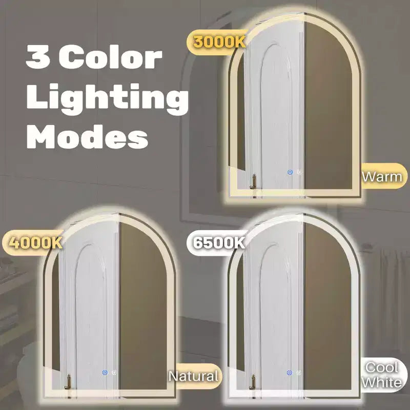 Miroir de salle de bain LED arqué 20x28 pouces avec chargement, anti-buée, intensité variable 3 couleurs et double éclairage à mémoire de forme