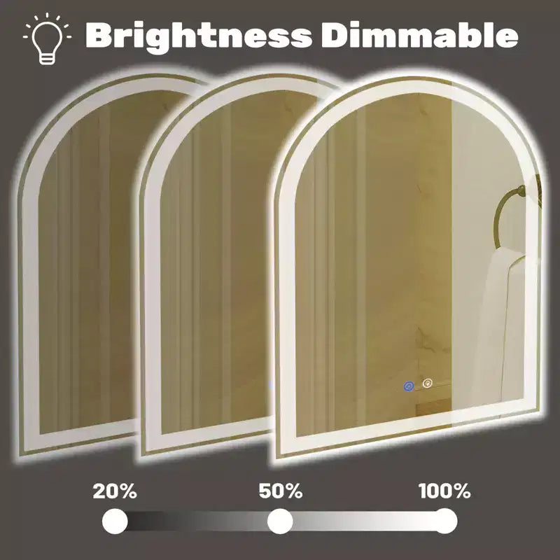 Miroir de salle de bain LED arqué 20x28 pouces avec chargement, anti-buée, intensité variable 3 couleurs et double éclairage à mémoire de forme