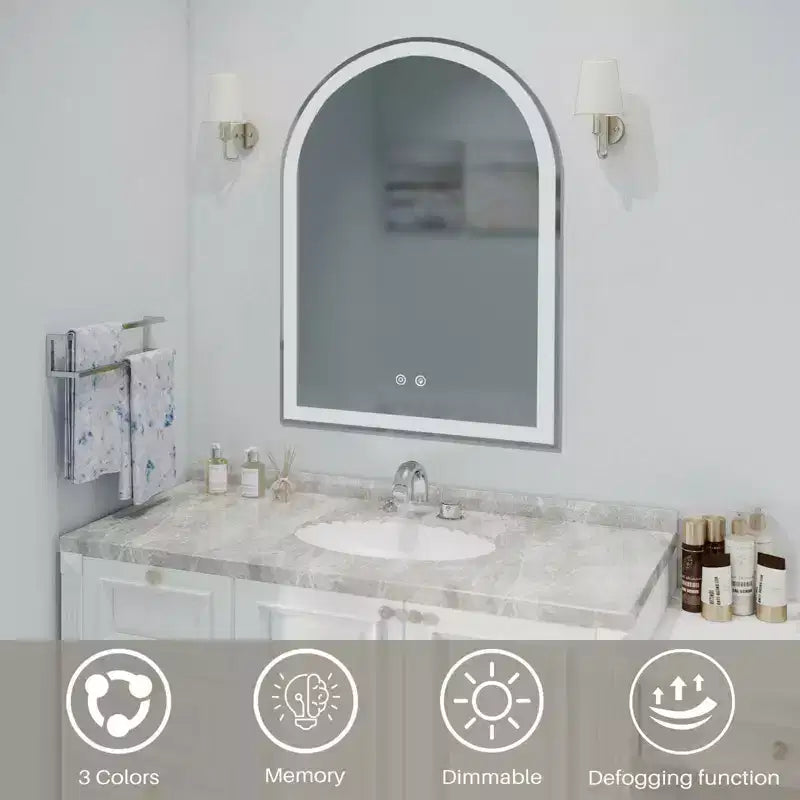 Miroir de salle de bain LED arqué 20x28 pouces avec chargement, anti-buée, intensité variable 3 couleurs et double éclairage à mémoire de forme