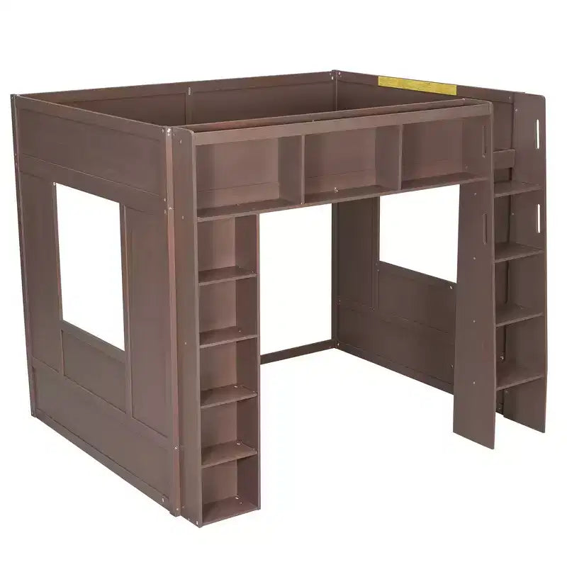 Lit mezzanine en bois avec armoires de rangement et étagères