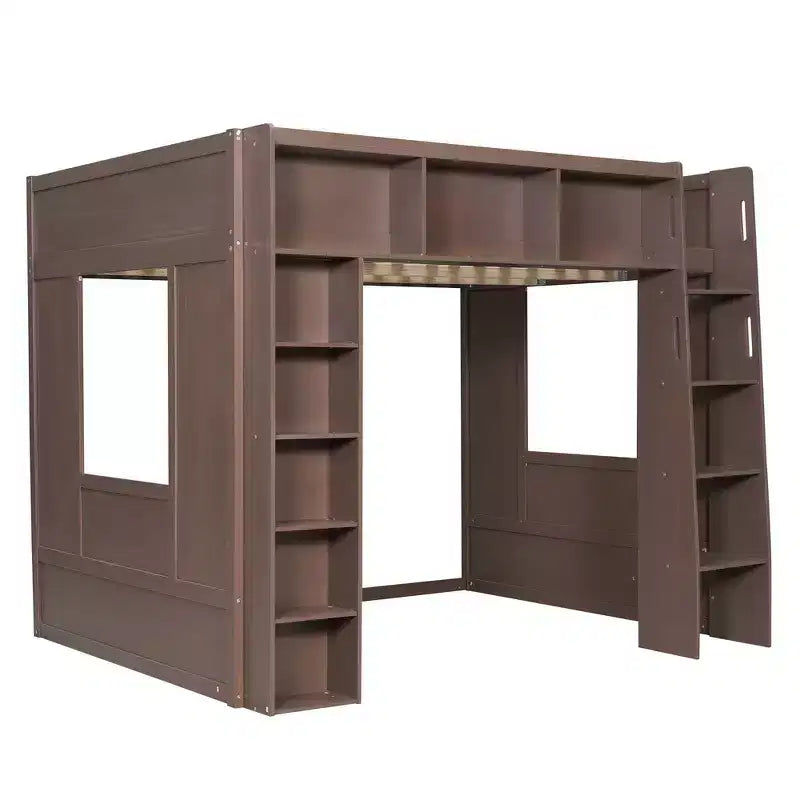 Lit mezzanine en bois avec armoires de rangement et étagères