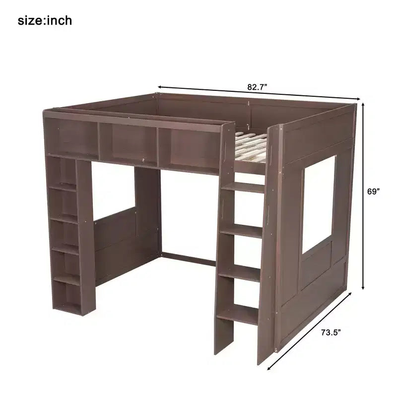 Lit mezzanine en bois avec armoires de rangement et étagères