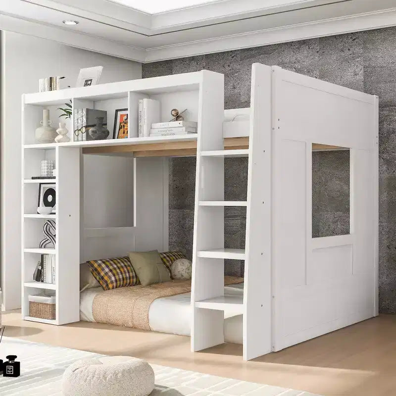 Lit mezzanine en bois avec armoires de rangement et étagères